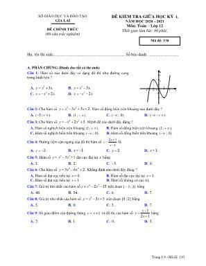 Đề kiểm tra Giữa học kì I môn Toán Lớp 12 - Mã đề 130 - Năm học 2020-2021 - Sở giáo dục và đào tạo Gia Lai